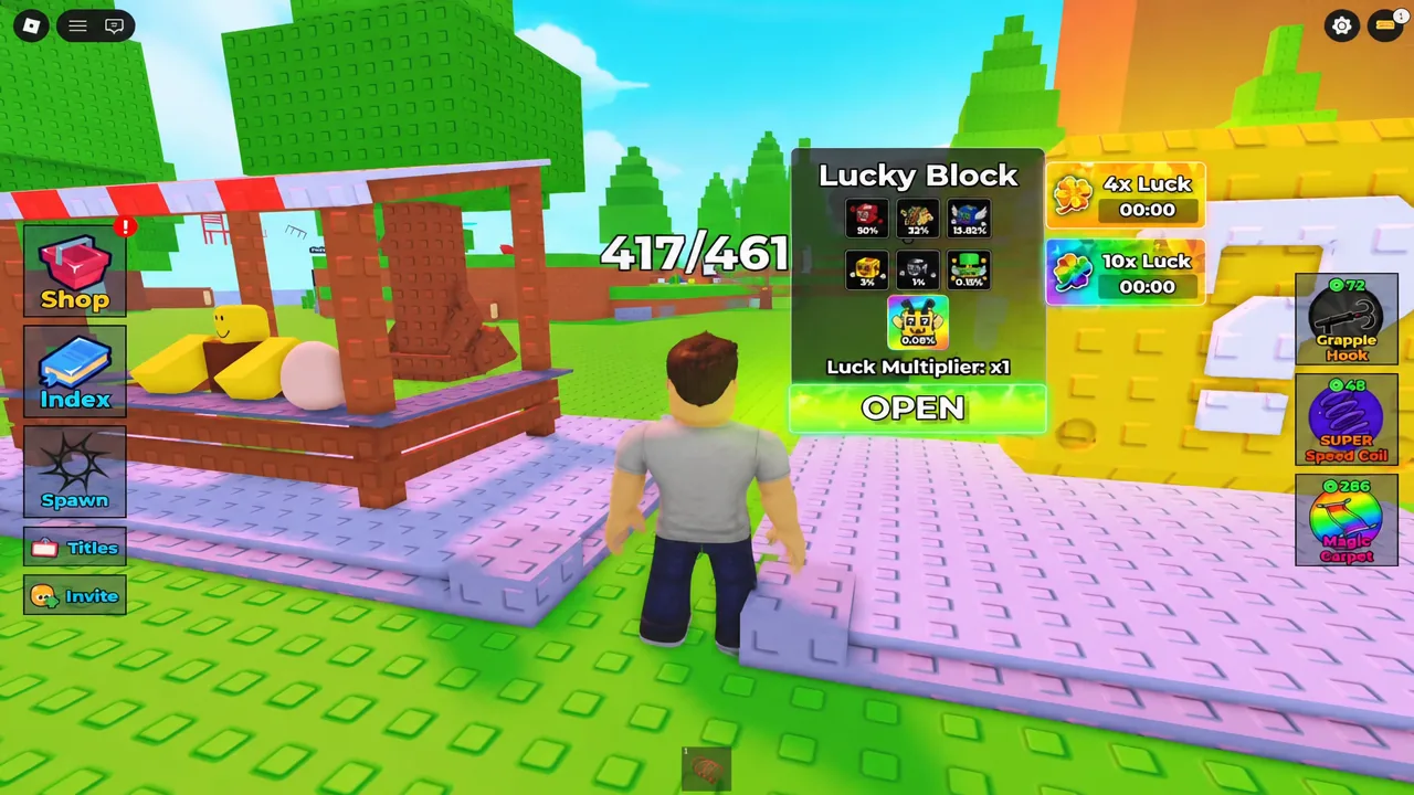 The Lucky Block interaction menu in Find the Brainrot with the green OPEN button highlighted