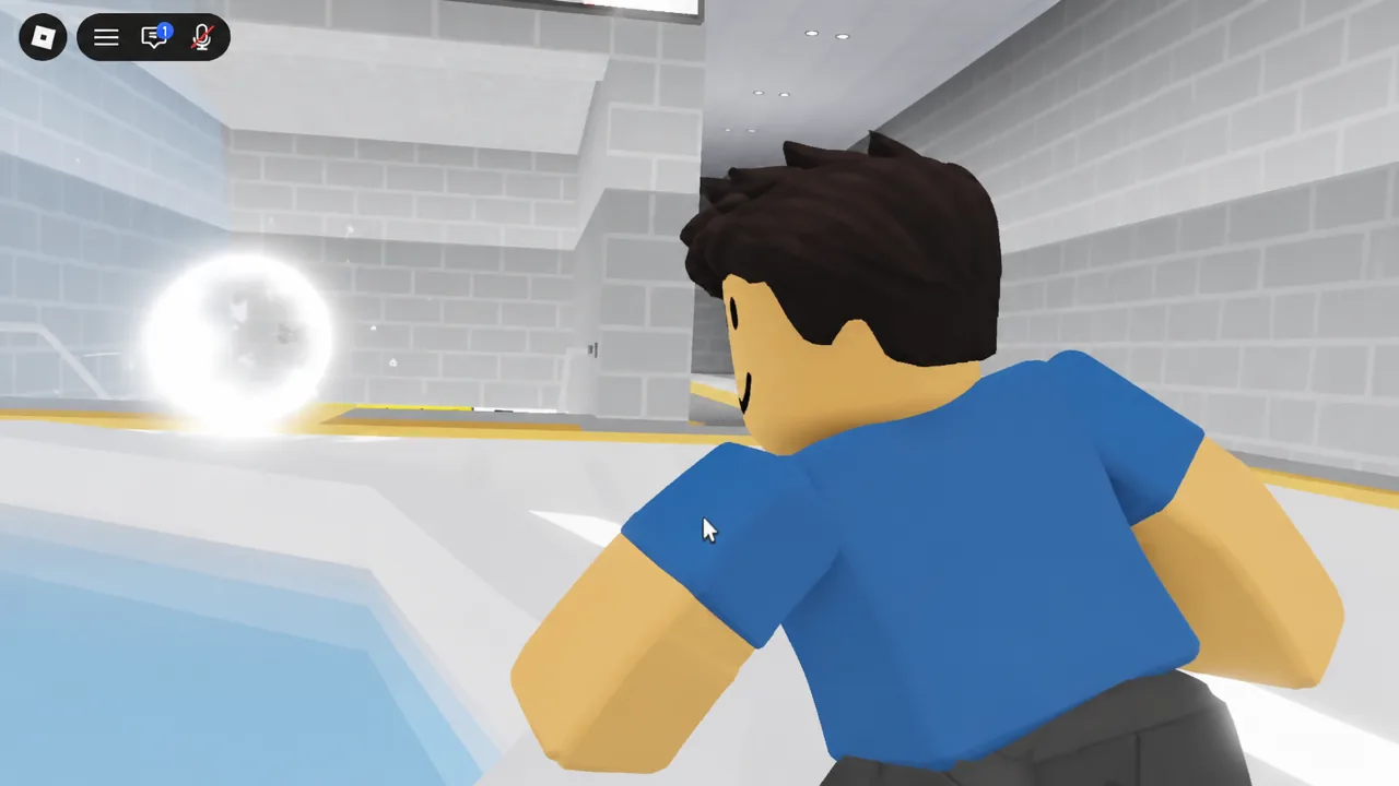 Player avatar walking into the glowing interaction marker beside the fountain pool