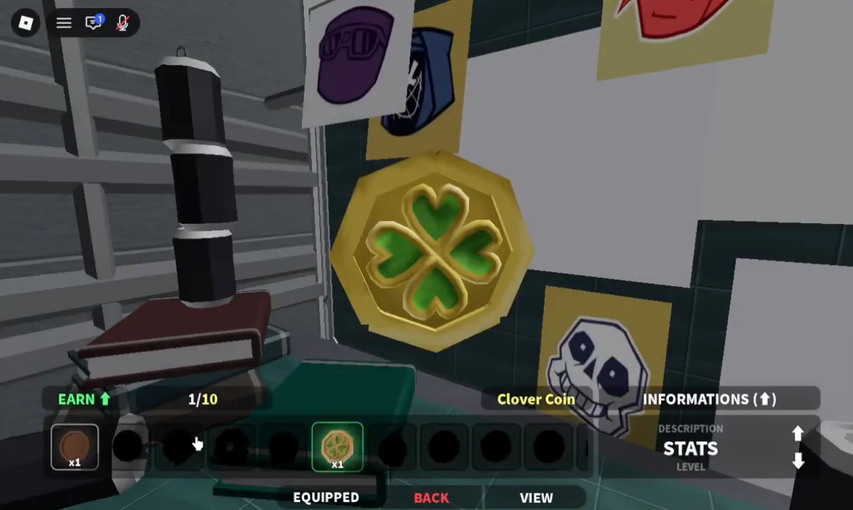 Clover Coin selected in the Earn menu with its stats panel open and the coin equipped