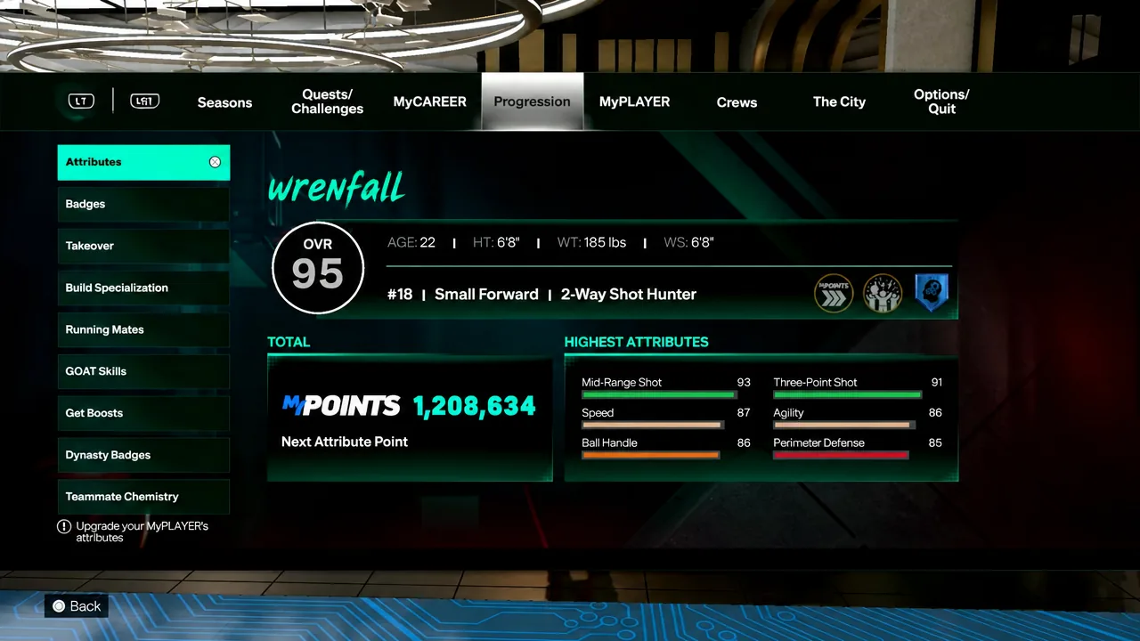 Progression screen with Attributes selected, showing overall rating and highest attributes