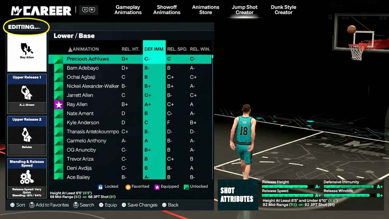 Jump Shot Creator screen showing the four animation grades including Release Window