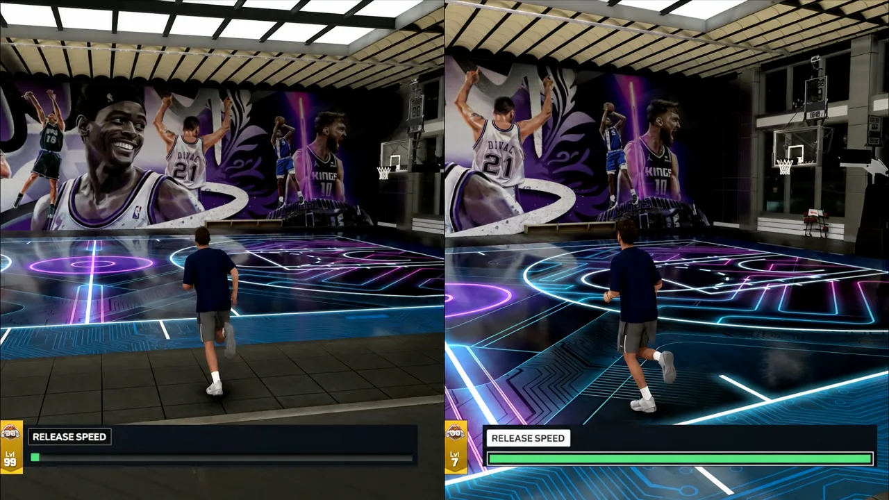 Practice court showing the Release Speed meter at different fill levels during shooting reps