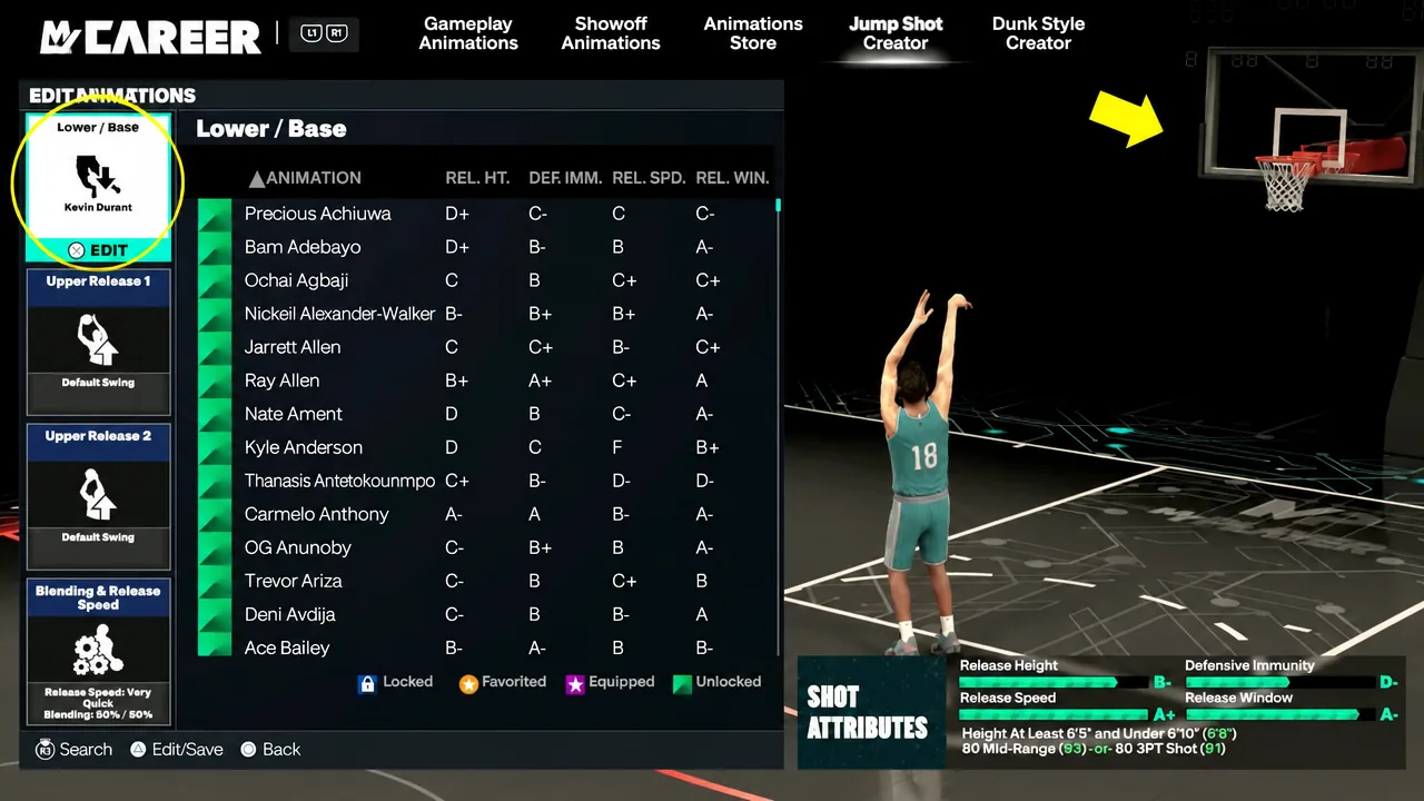Jump Shot Creator base selection list with a shooting animation preview playing