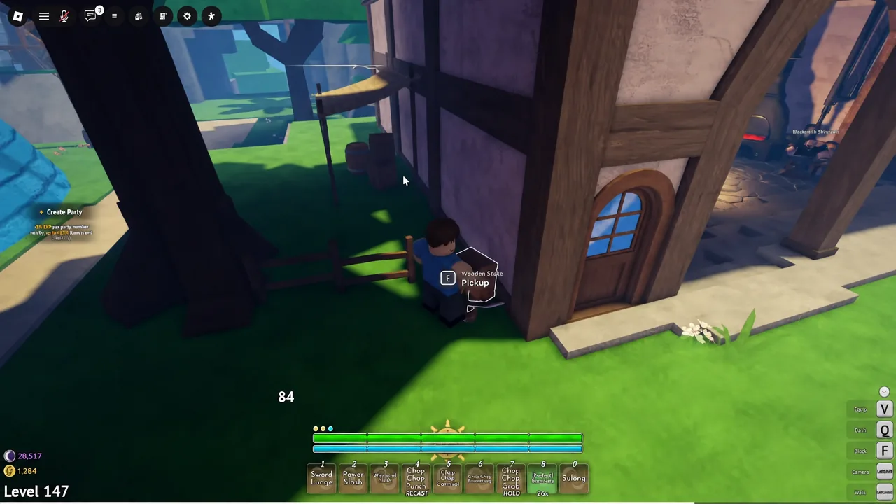 On-screen E prompt to pick up a wooden stake dropped from a broken container