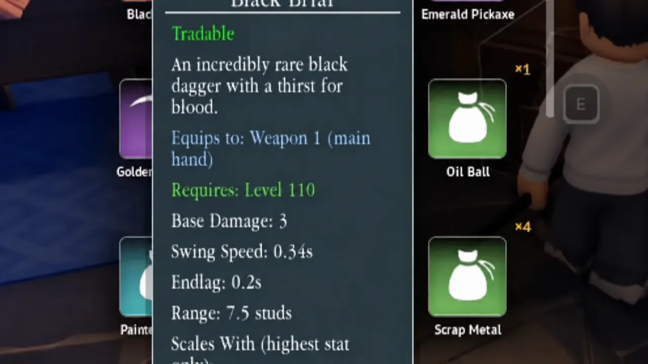 Black Briar item-details panel showing weapon stats beside the open inventory