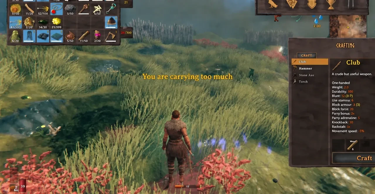 Valheim crafting menu open with the carrying too much encumbrance warning displayed