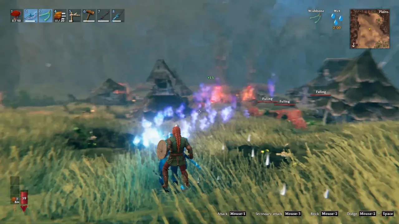 A Valheim player swings a glowing blue weapon at Fulings in the Plains