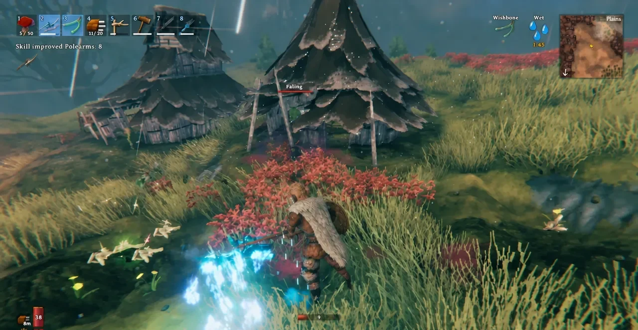 A Fuling village in Valheim's Plains biome, with huts and hostile Fulings nearby