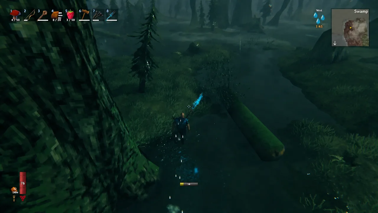 Player wades through Swamp water with a glowing blue weapon drawn, scanning for Leeches