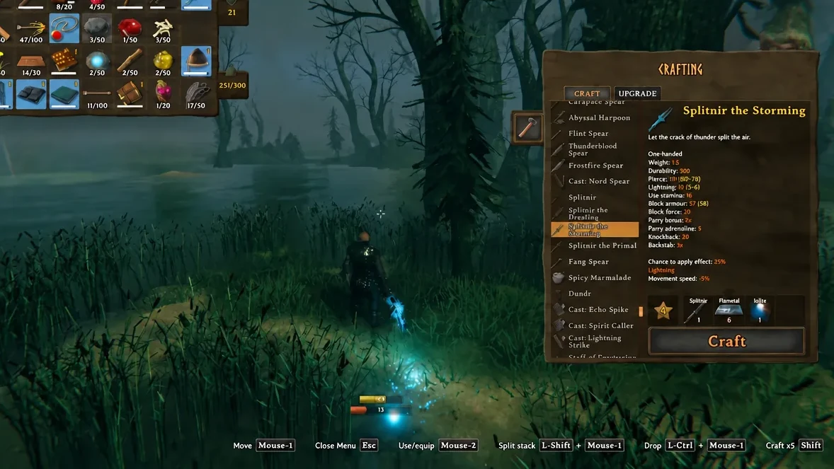 Crafting menu open with Splitnir the Storming selected before a Swamp trip
