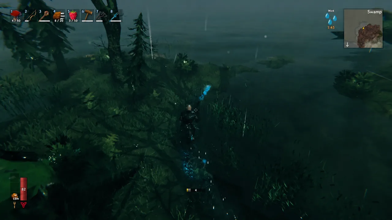 Hotbar slot eight selected while moving through rainy Swamp terrain
