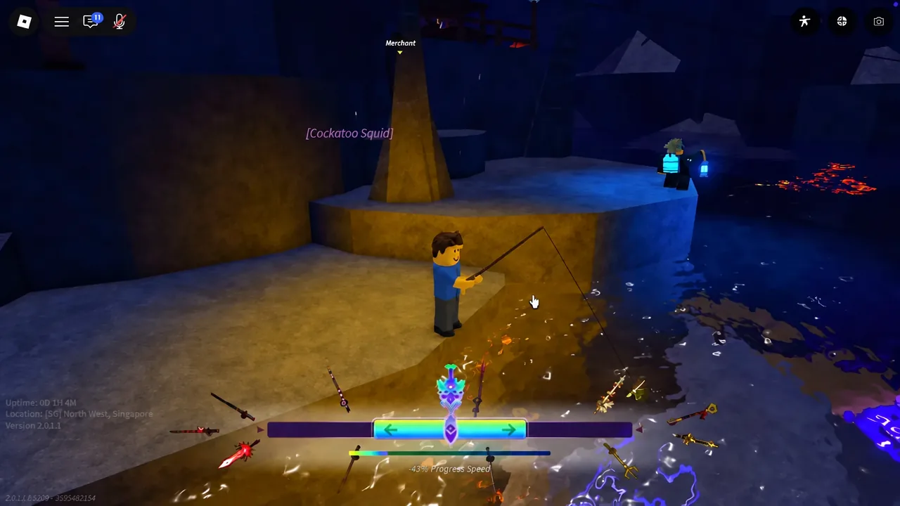 Fisch reeling minigame with the center marker held inside the moving arrow bar