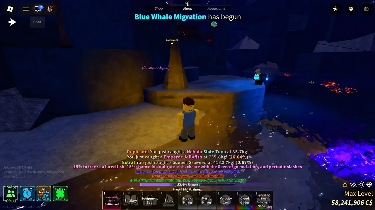 Fisch chat log showing catch notifications during a Blue Whale Migration event