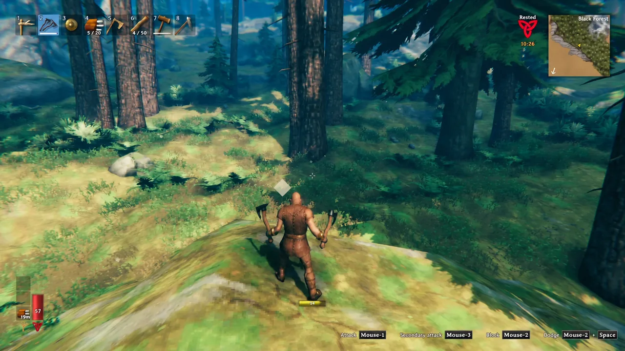 Player moving downhill through dark pines with a bow ready in the second hotbar slot