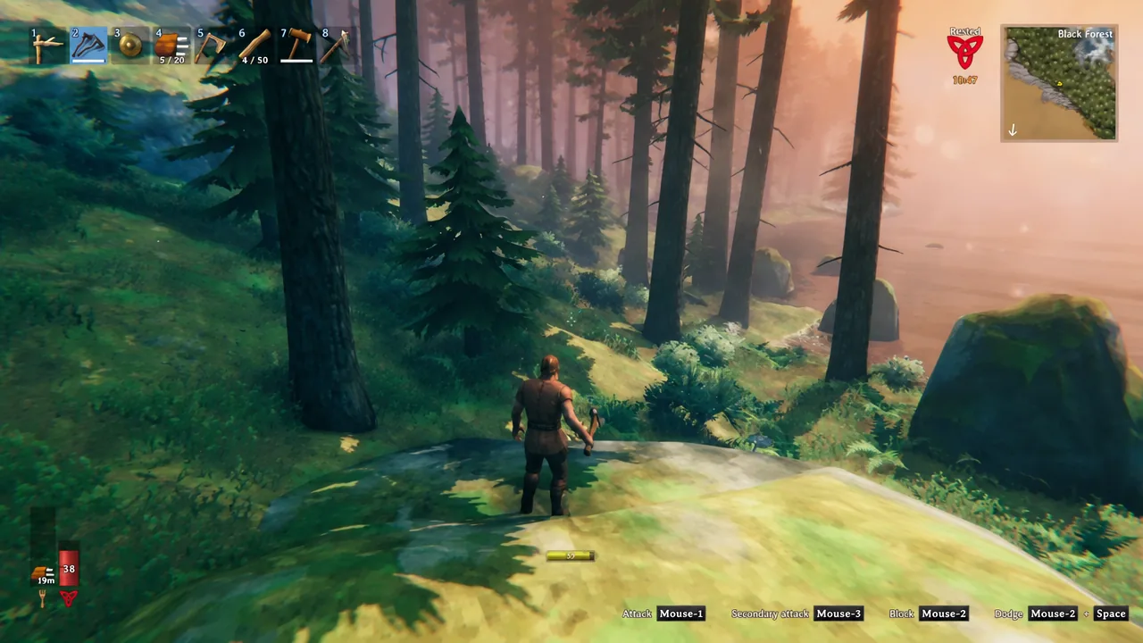 Black Forest ground level view while the player readies the second hotbar slot to search for bushes