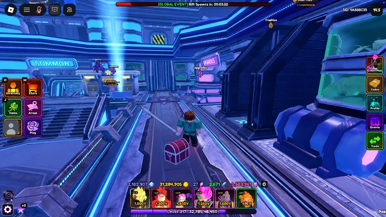 Player character walking toward a red chest next to the Summon station in the lobby