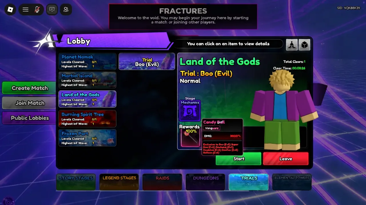 Trials tab showing the Land of the Gods stage with the Candy Ball reward listed