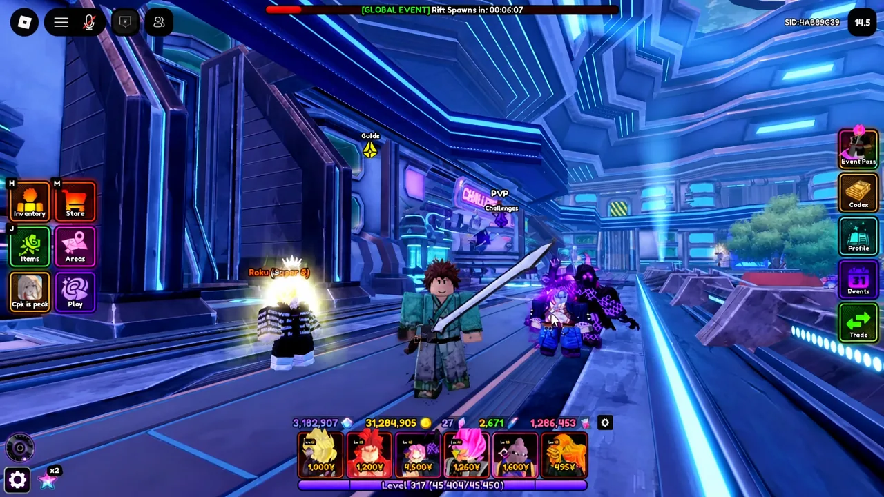 Anime Vanguards lobby with the Play button on the left side of the screen