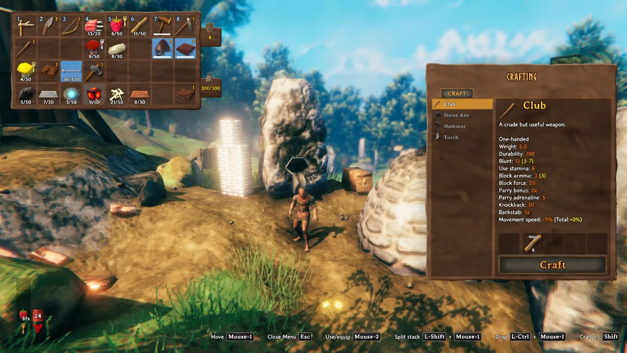 Valheim crafting menu open at a Workbench with an item selected and the Craft button highlighted