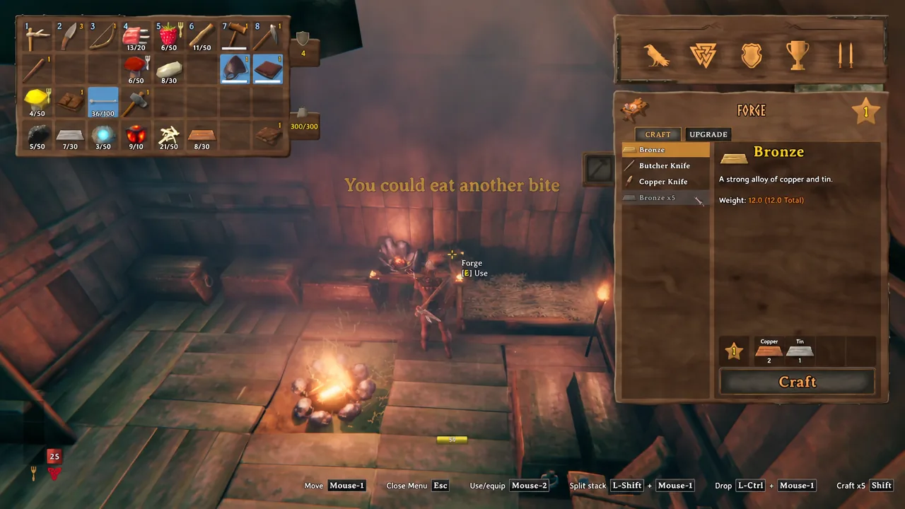 Forge crafting menu in Valheim with Bronze selected and the Craft button ready