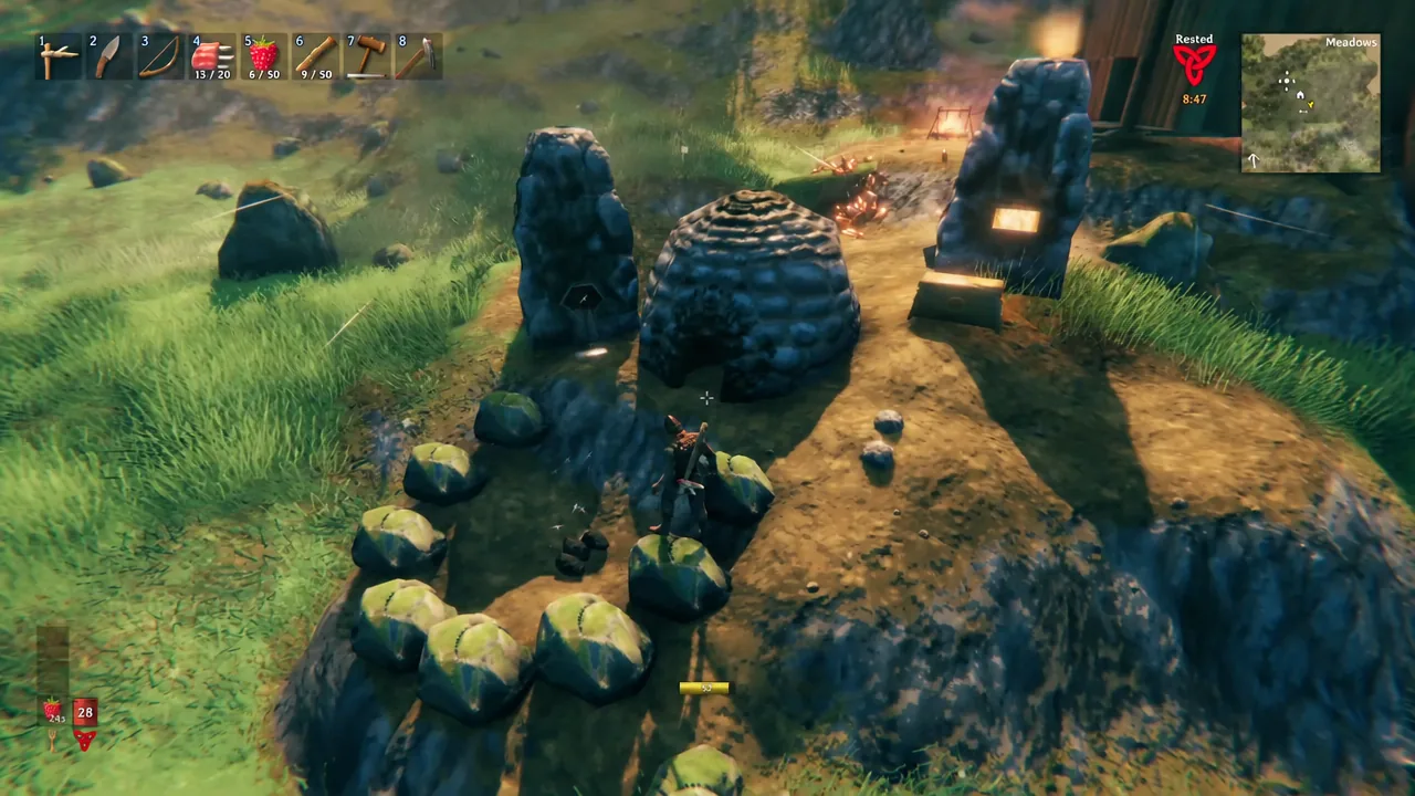 Viking standing at a stone altar with glowing runestones and a campfire in the Meadows