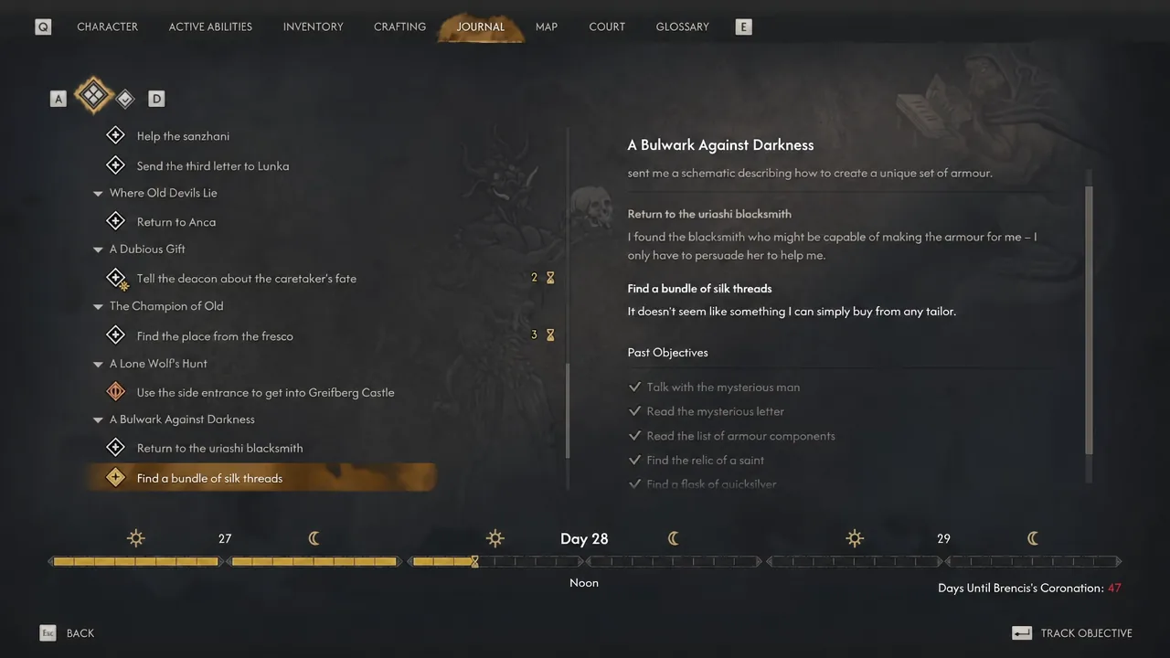 Journal screen with the objective Find a bundle of silk threads highlighted among the quest steps