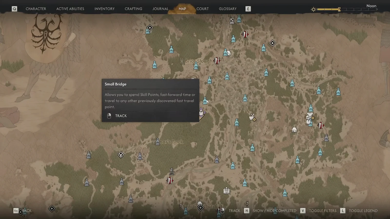 World map with the Small Bridge fast-travel point selected and the track option highlighted
