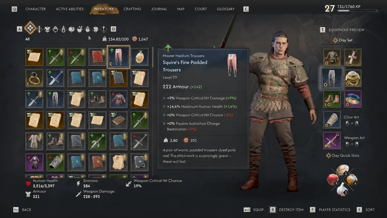 Inventory screen showing an item's stats and preview panel while sorting through carried gear