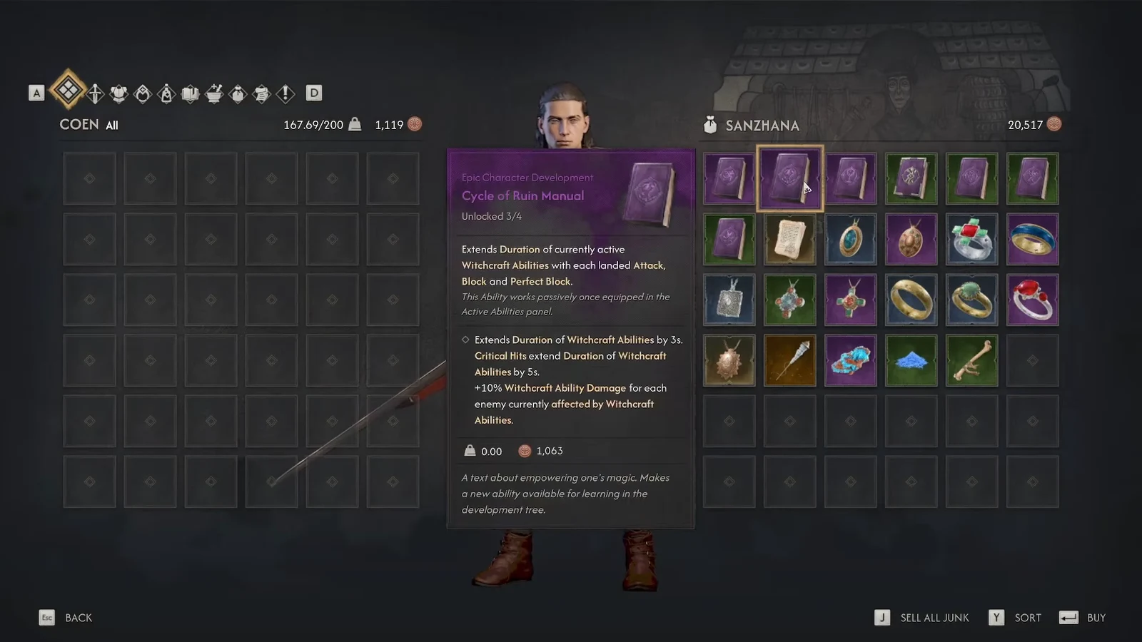 Sanzhana's shop inventory open with an item selected in the details panel before buying