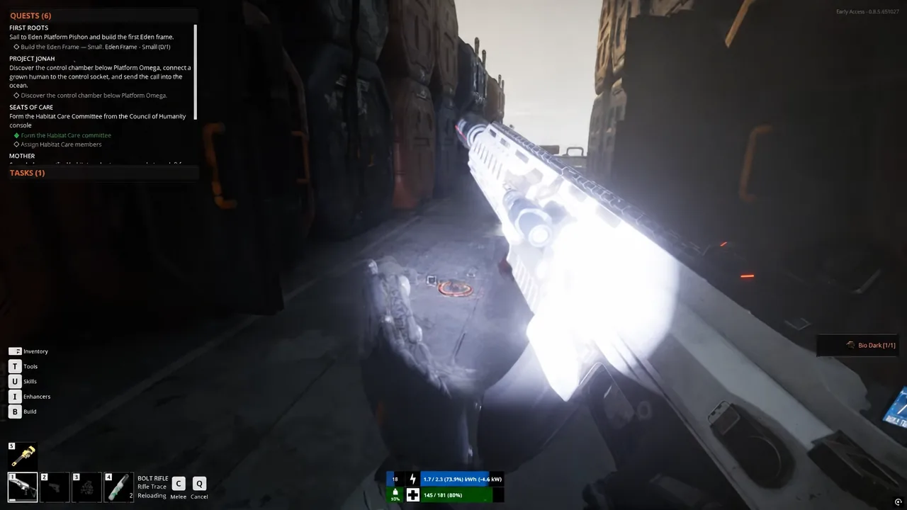 Bolt Rifle equipped and mid-reload in the weapon HUD during a run