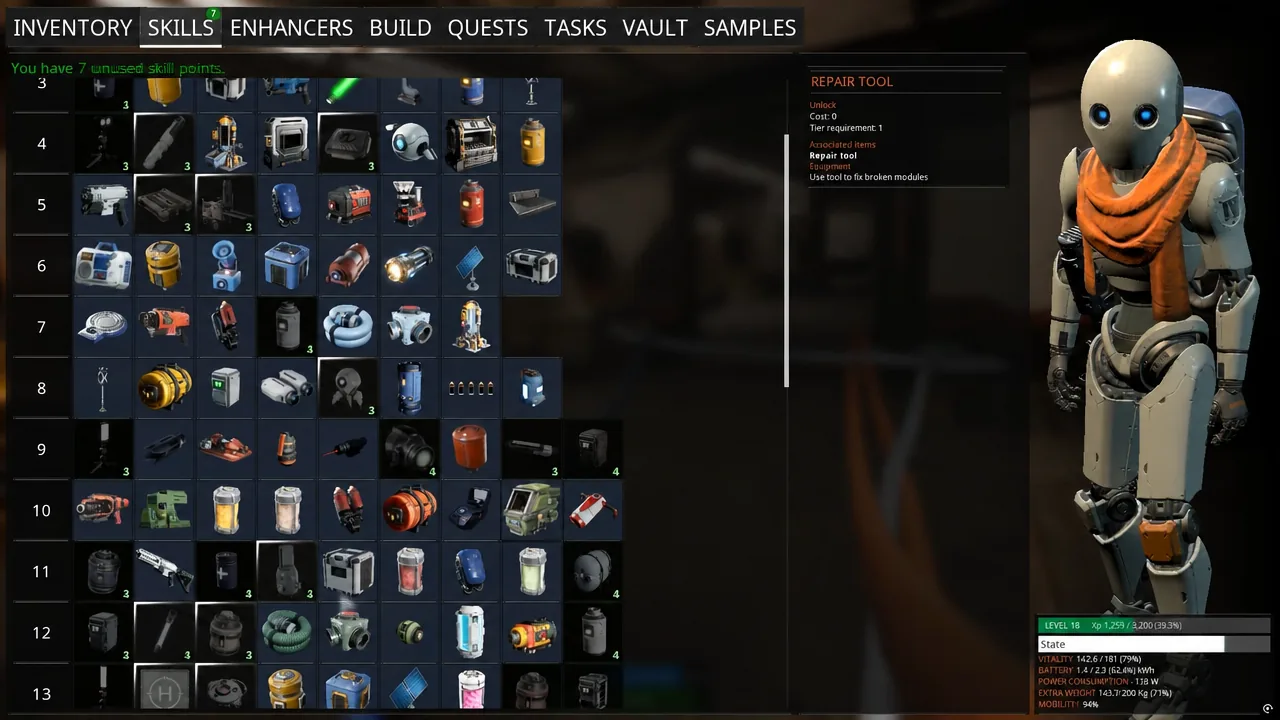 Skills menu open with an item selected, showing its unlock requirements and description