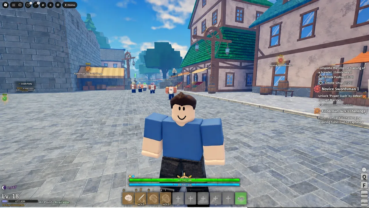 Player avatar standing in town with the Emotes button visible on the interface