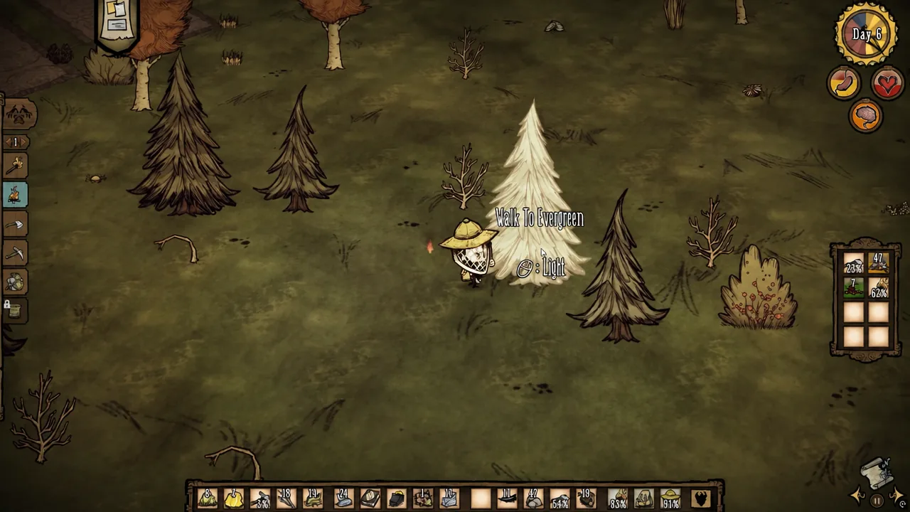Hover text over an Evergreen showing the Walk To and Light options while holding a torch.