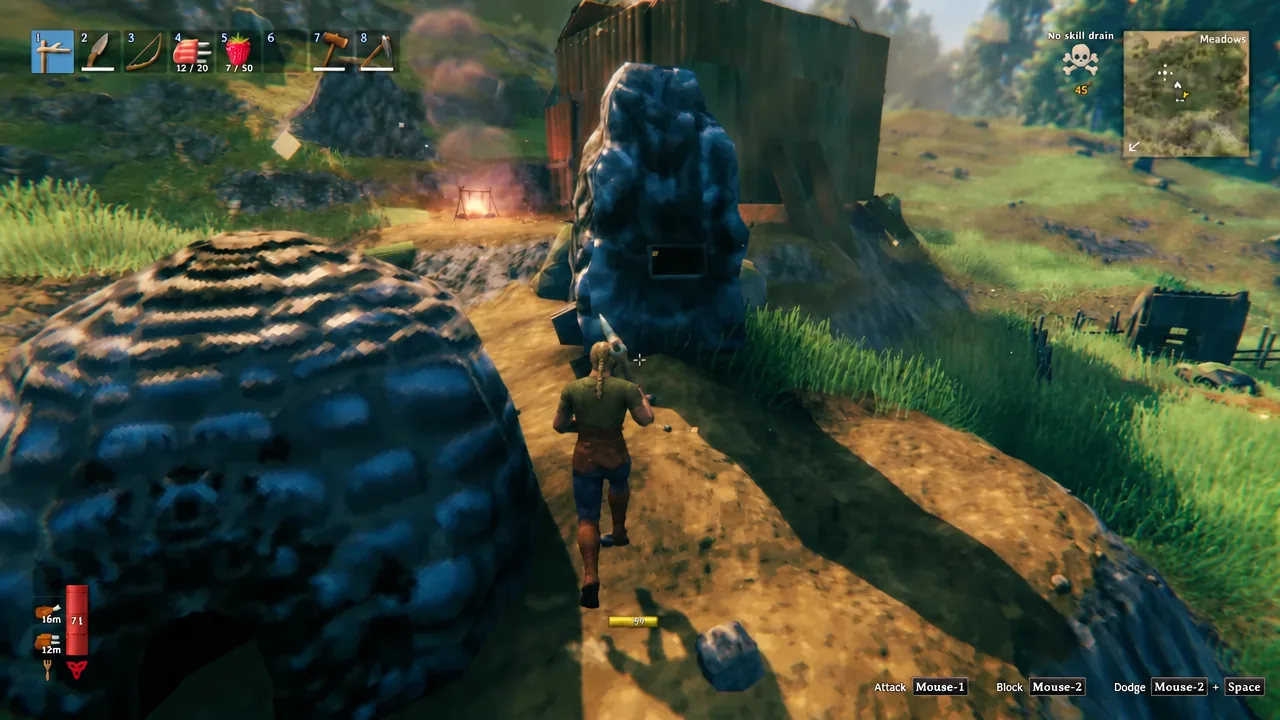 Valheim player with a weapon drawn walking up to a large rune stone during exploration