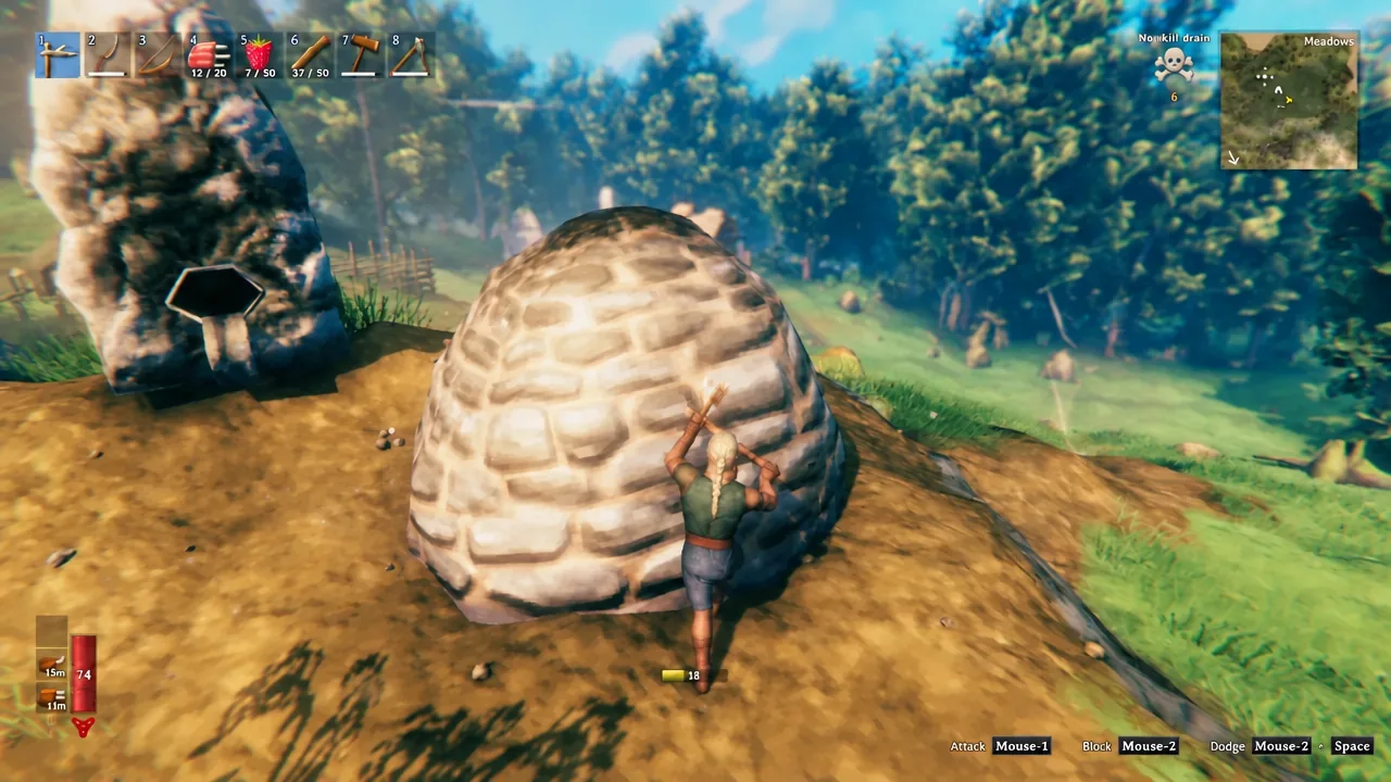 Valheim hammer build menu showing the Charcoal Kiln recipe with its stone and Surtling core cost