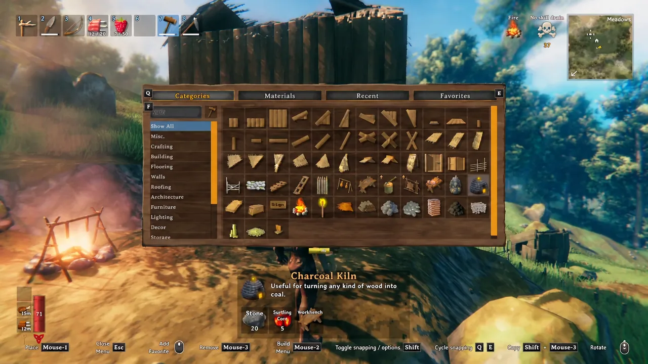 The Charcoal Kiln sits in the Crafting tab of the Hammer's build menu.