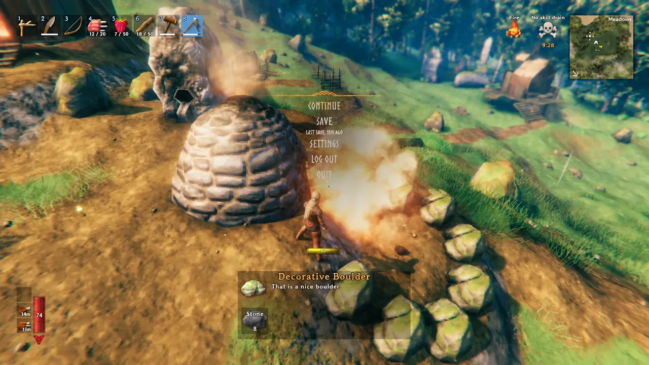 Valheim pause menu with the Continue option highlighted
