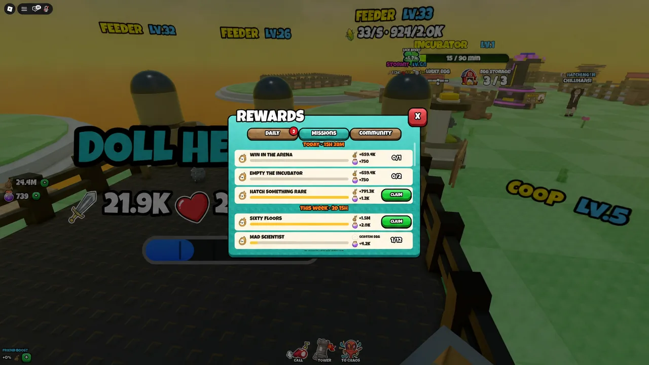 The Rewards menu open on the Missions tab, next to the Daily and Community tabs