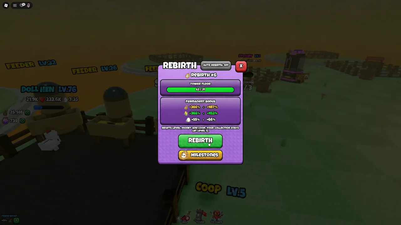 The Rebirth dialog with the REBIRTH button ready to confirm a level reset