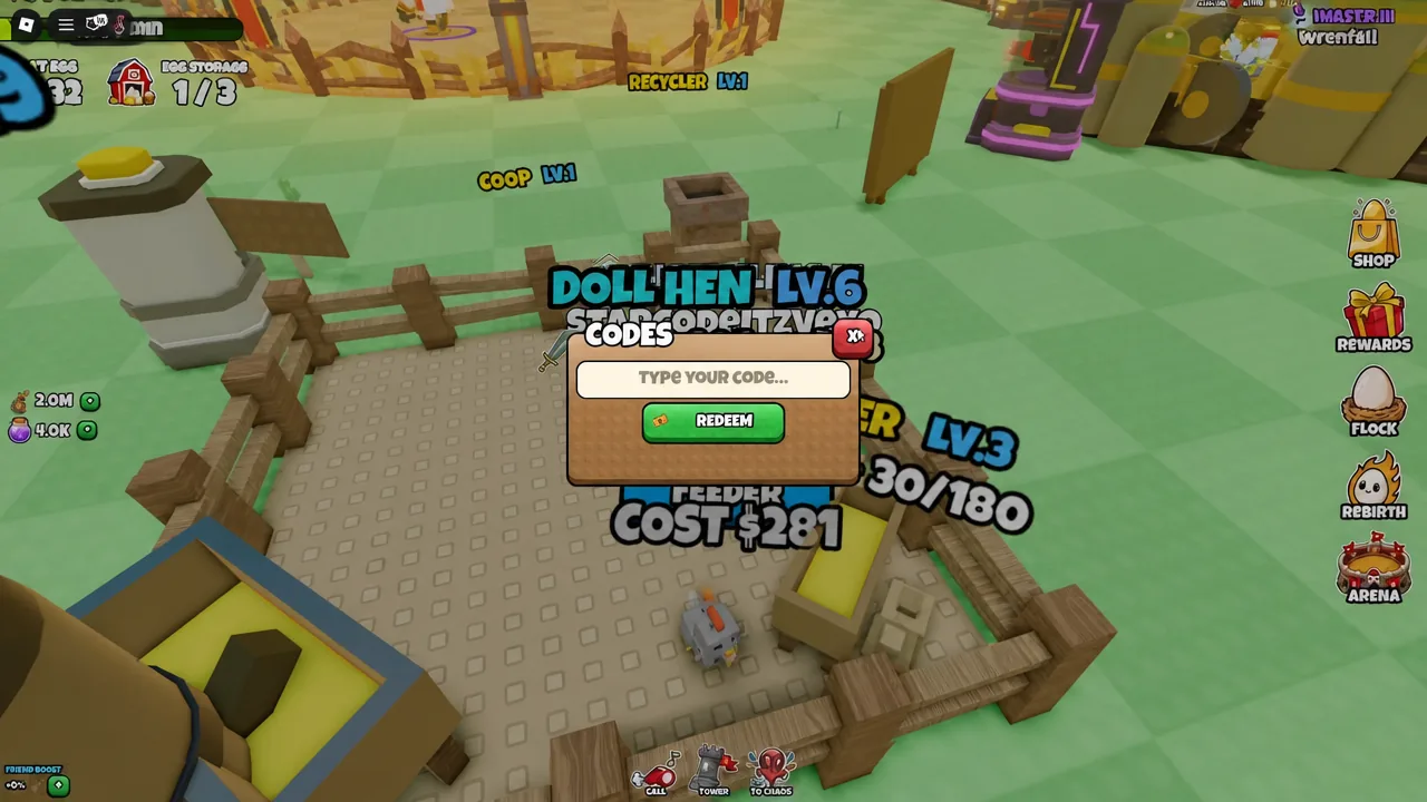 The Codes menu open with a text box for entering a promo code