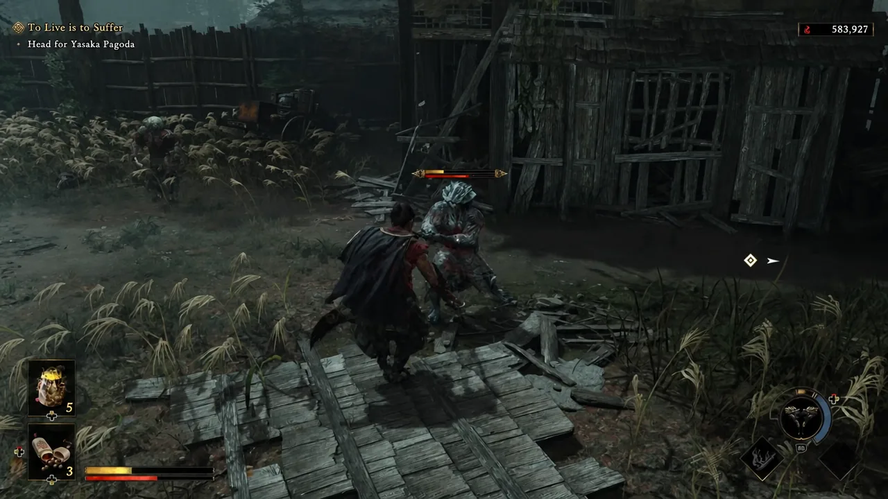 Musashi swinging at a Genma in Kyoto with an active quest objective on screen