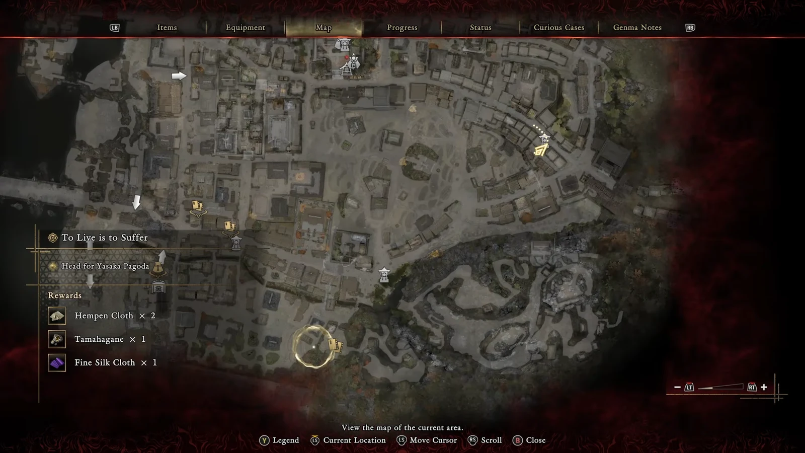 Kyoto map screen with a selected quest objective and its location marker