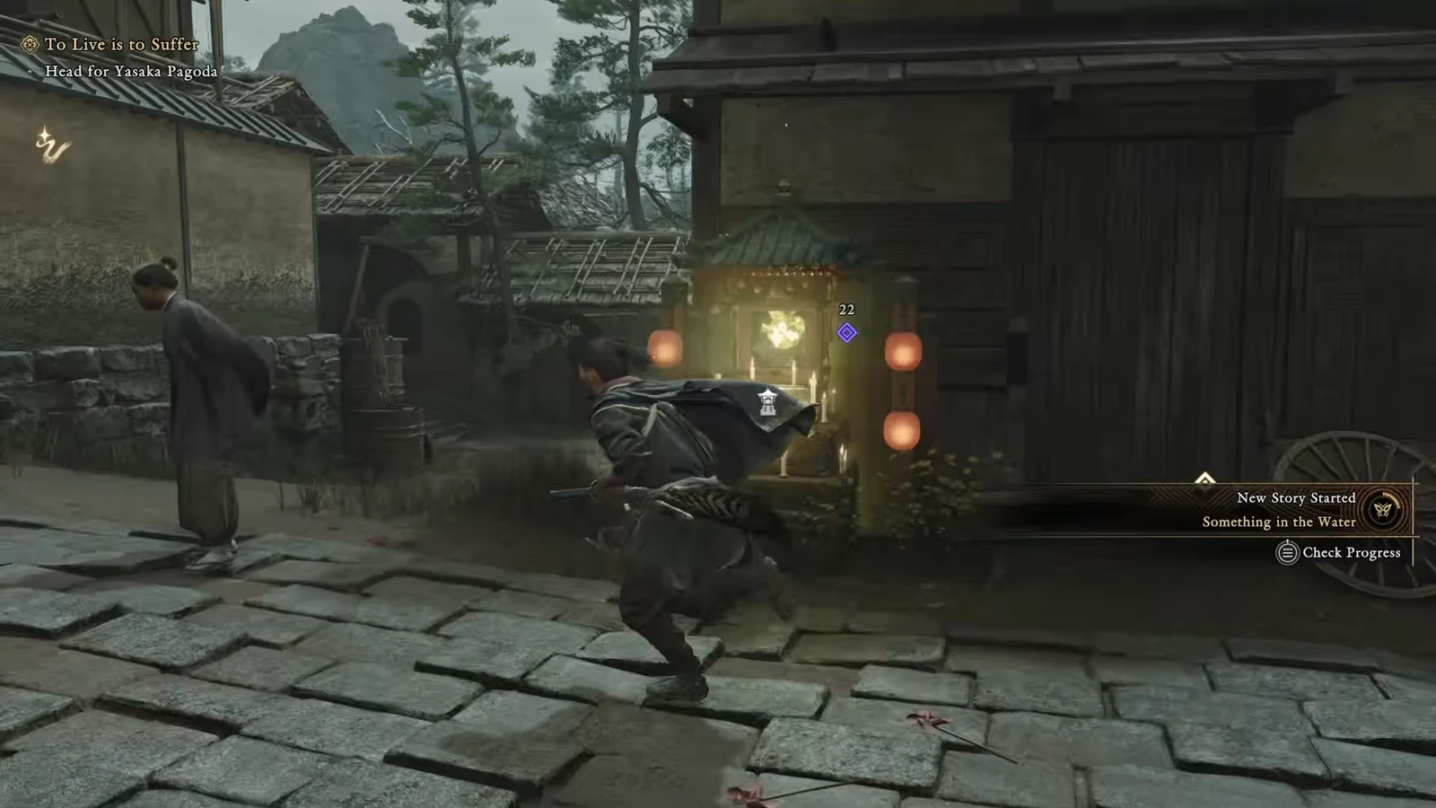 Musashi running through Kyoto toward a purple objective marker