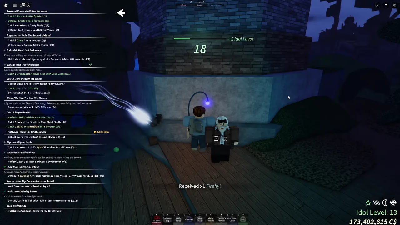 Fisch quest log with the NPC talk prompt active while the player picks up a Firefly