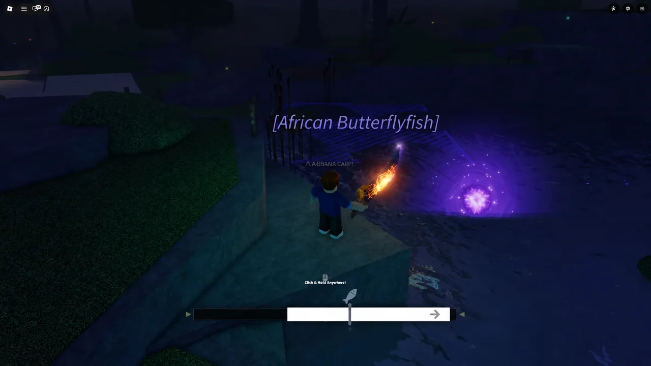 Fisch reeling minigame in progress with the catch name shown above the control bar