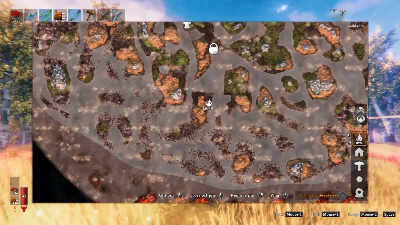 Valheim world map open with pin controls for adding, crossing off and removing markers