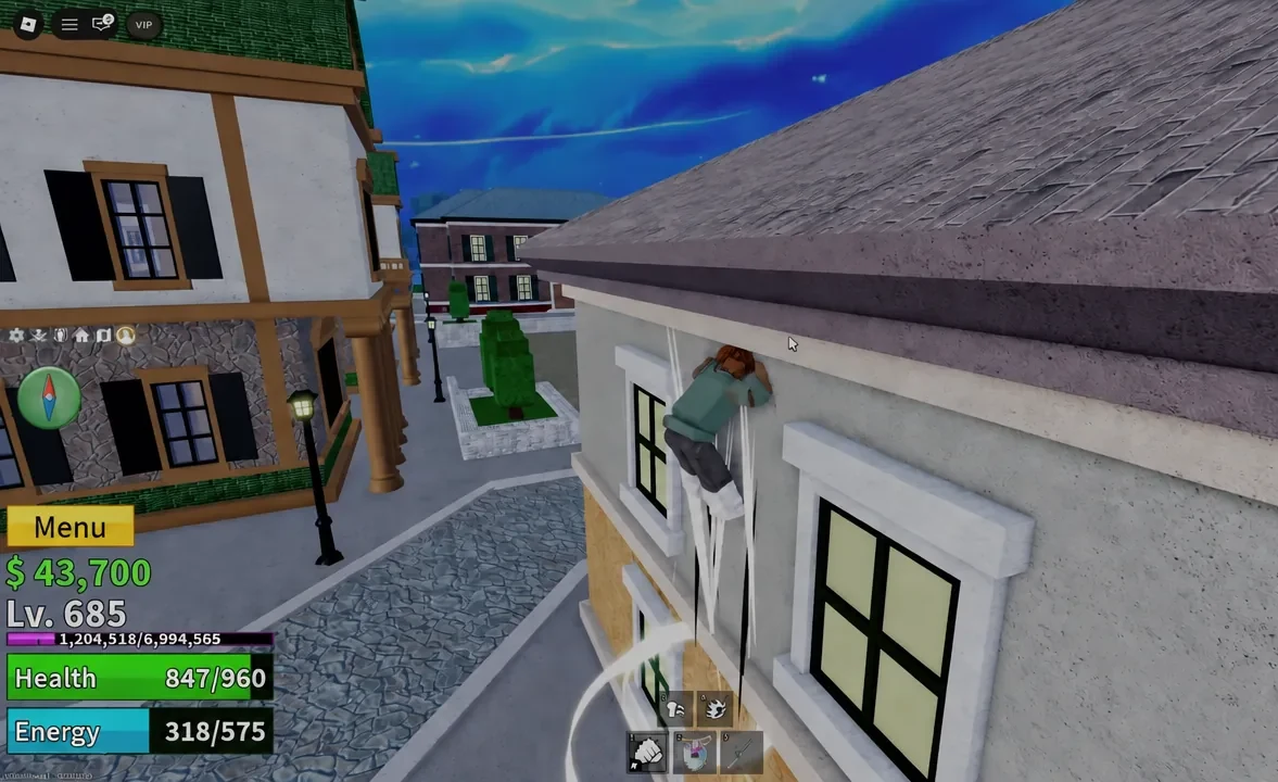 Player character scaling the outside wall of the central building in Middle Town
