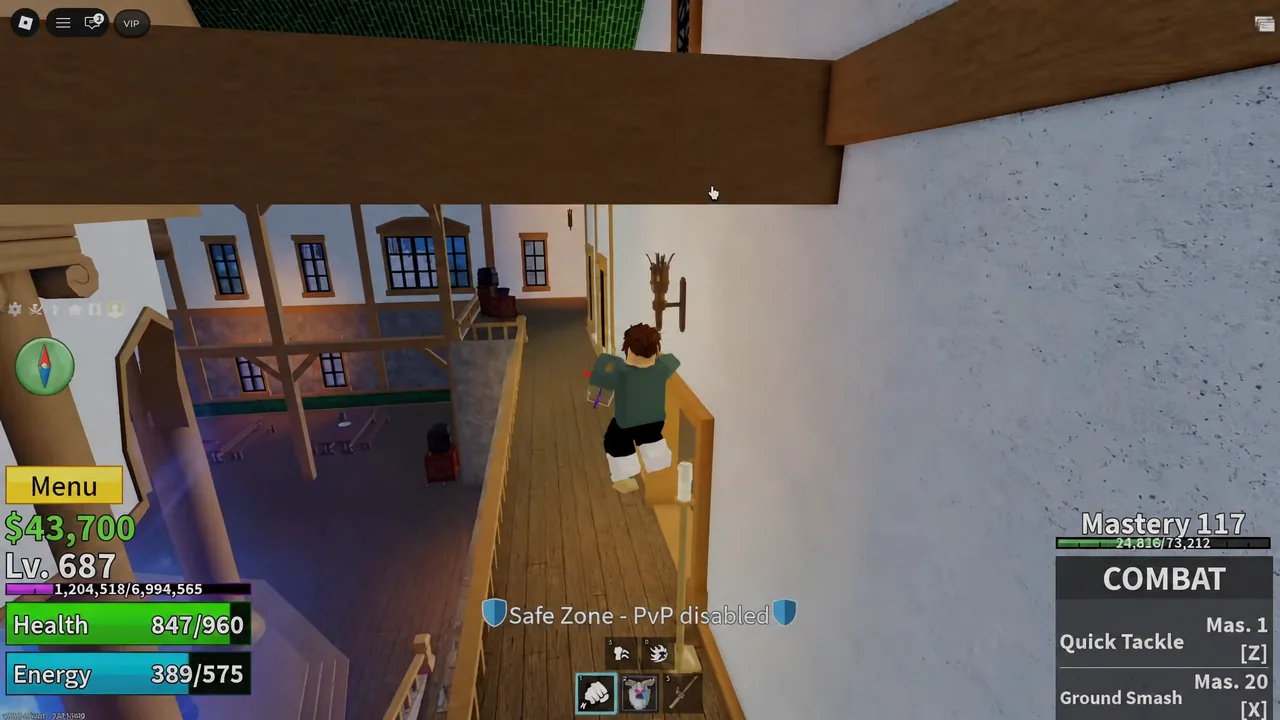 Blox Fruits character walking an upper balcony inside a Middle Town safe zone