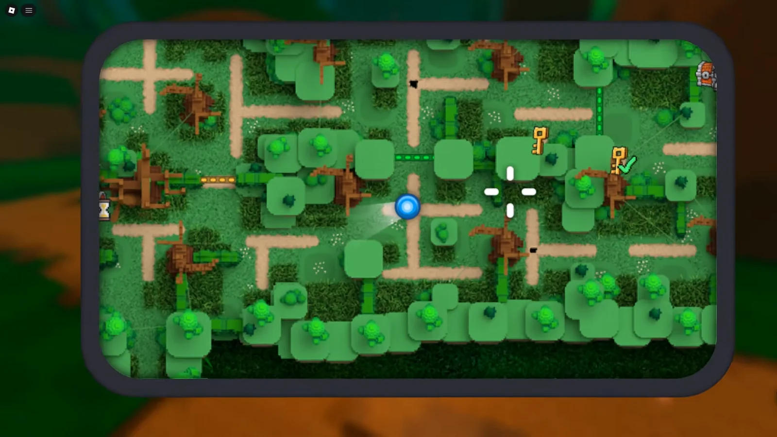 Top-down map overlay with a blue player marker moving toward two objective icons