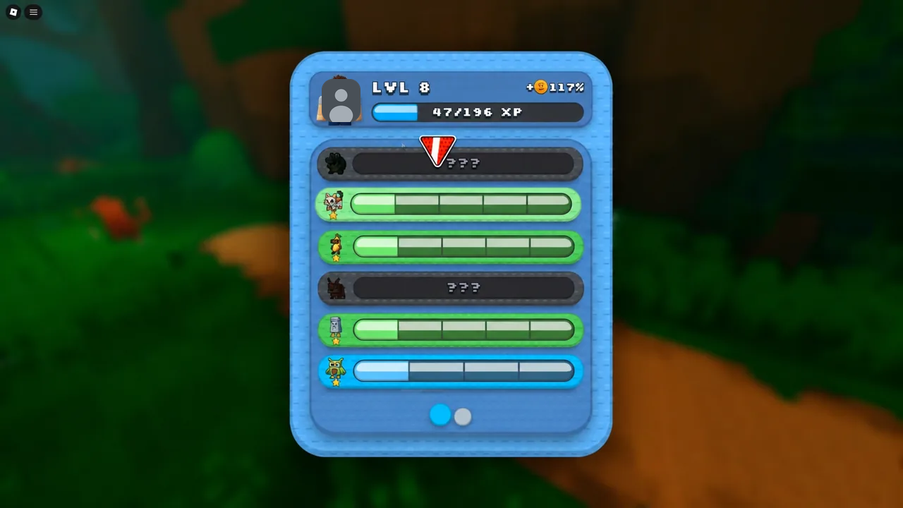 A character status screen showing Level 8 XP and roster progress.